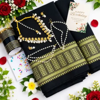 কালো হাফ-সিল্ক শাড়ি ও জুয়েলারি সারপ্রাইজ গিফট কম্বো