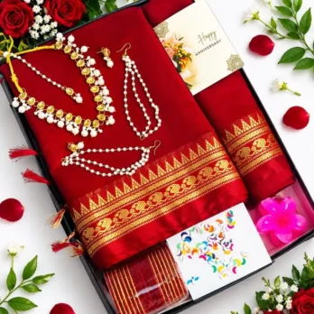 লাল-খয়েরী হাফসিল্ক শাড়ি ও জুয়েলারি সারপ্রাইজ গিফট কম্বো