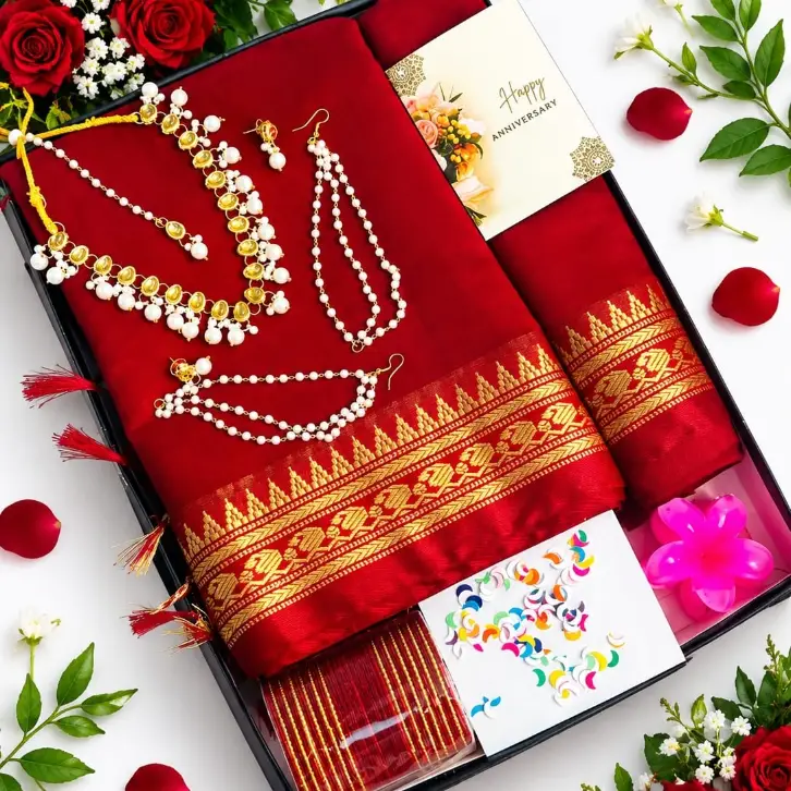 লাল কটন শাড়ি ও জুয়েলারি সারপ্রাইজ গিফট কম্বো