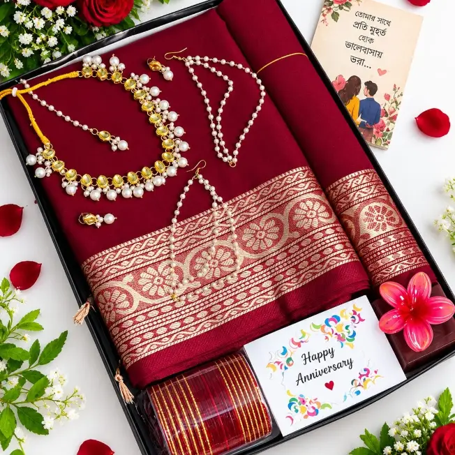 মেরুন কটন শাড়ি ও জুয়েলারি সারপ্রাইজ গিফট কম্বো