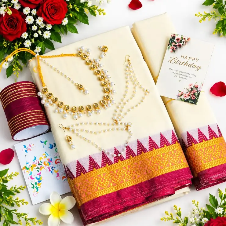 অফ-হোয়াইট কটন শাড়ি ও জুয়েলারি সারপ্রাইজ গিফট কম্বো